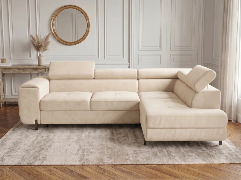 Canapé d’angle convertible Iéna – grande méridienne, coffre & têtières relevables