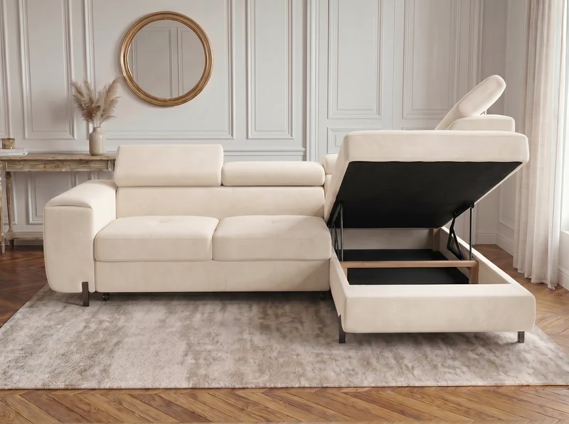 Canapé d’angle convertible Iéna – grande méridienne, coffre & têtières relevables