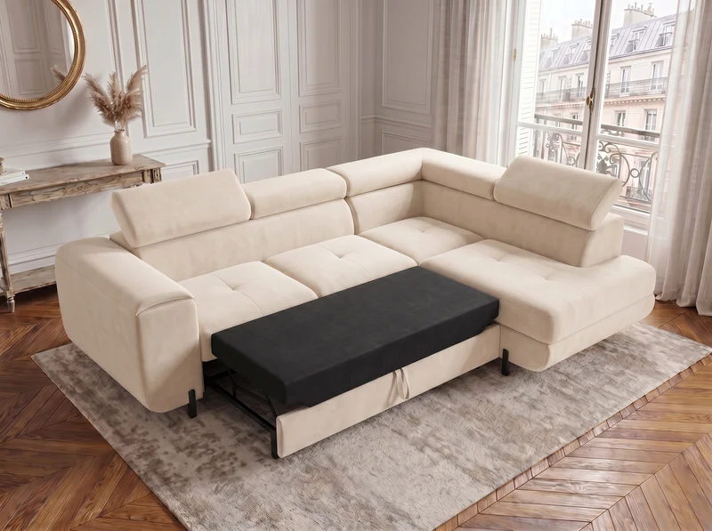 Canapé d’angle convertible Iéna – grande méridienne, coffre & têtières relevables