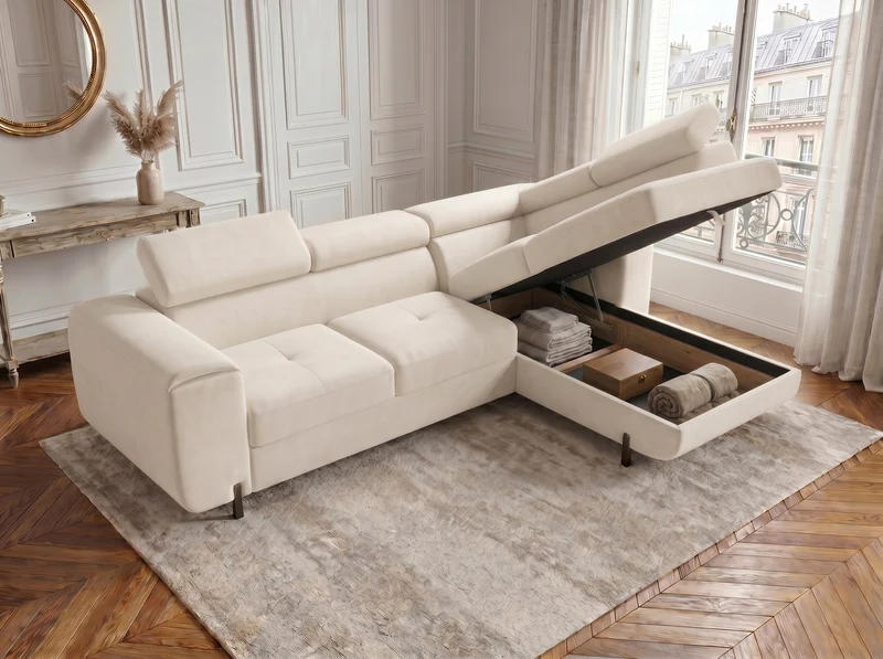 Canapé d’angle convertible Iéna – grande méridienne, coffre & têtières relevables