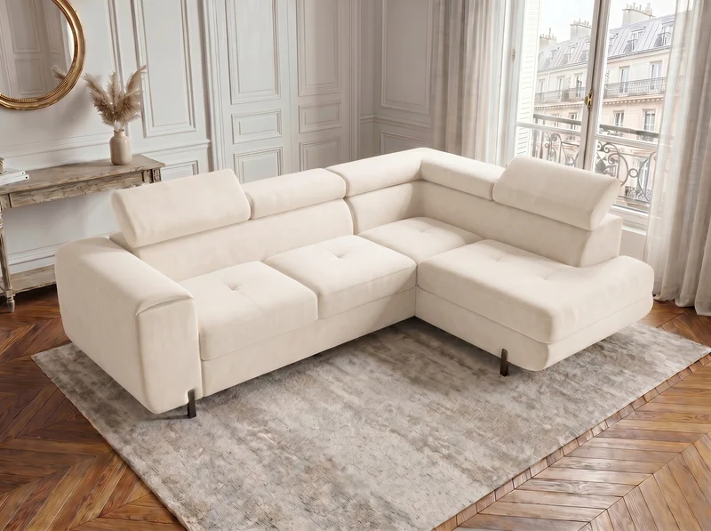 Canapé d’angle convertible Iéna – grande méridienne, coffre & têtières relevables