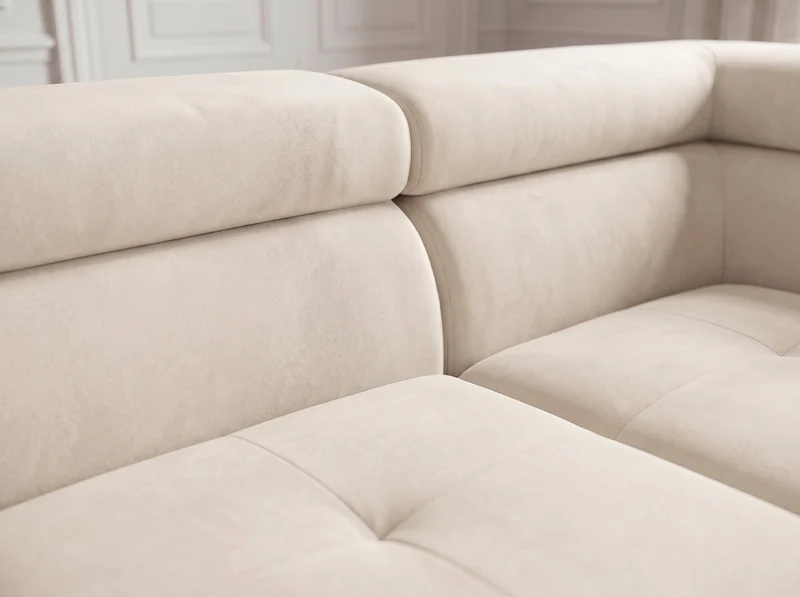 Canapé d’angle convertible Iéna – grande méridienne, coffre & têtières relevables