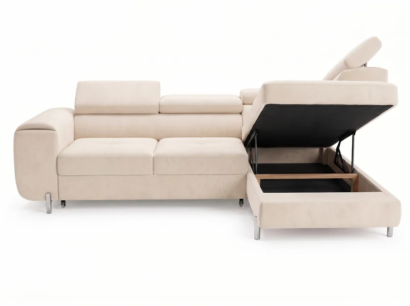 Canapé d’angle convertible Iéna – grande méridienne, coffre & têtières relevables