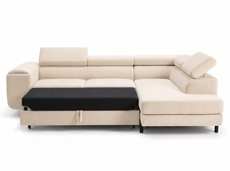 Canapé d’angle convertible Iéna – grande méridienne, coffre & têtières relevables