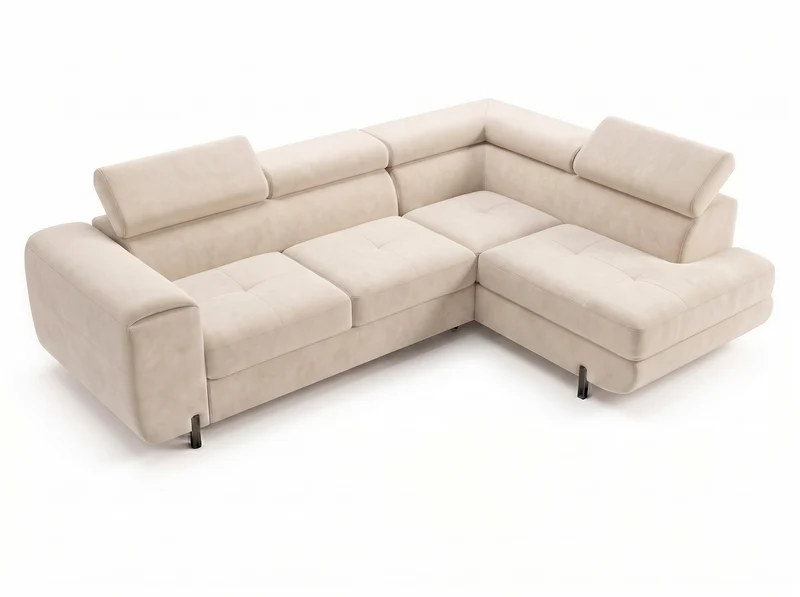 Canapé d’angle convertible Iéna – grande méridienne, coffre & têtières relevables