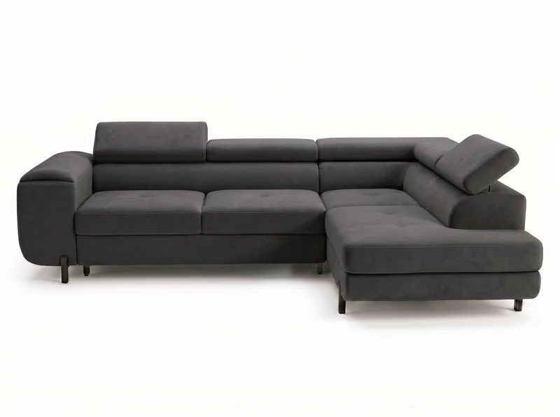 Canapé d’angle convertible Iéna – grande méridienne, coffre & têtières relevables
