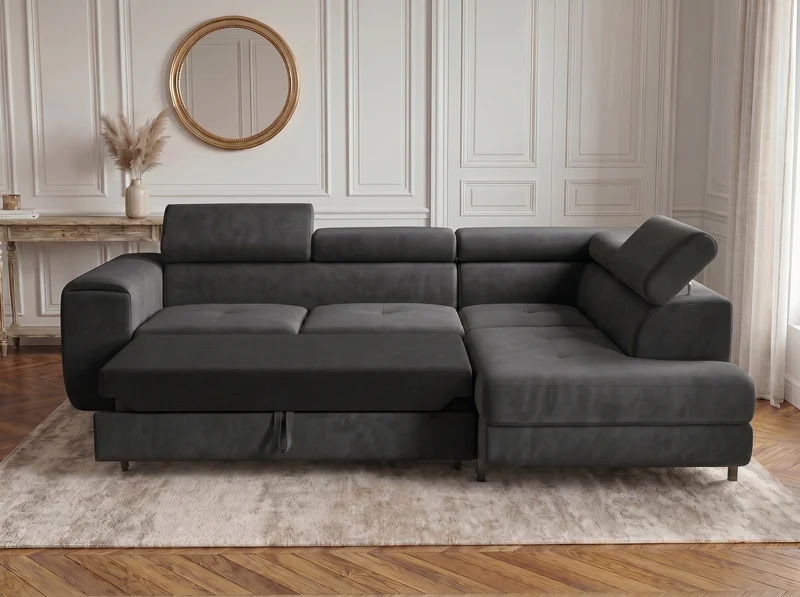 Canapé d’angle convertible Iéna – grande méridienne, coffre & têtières relevables