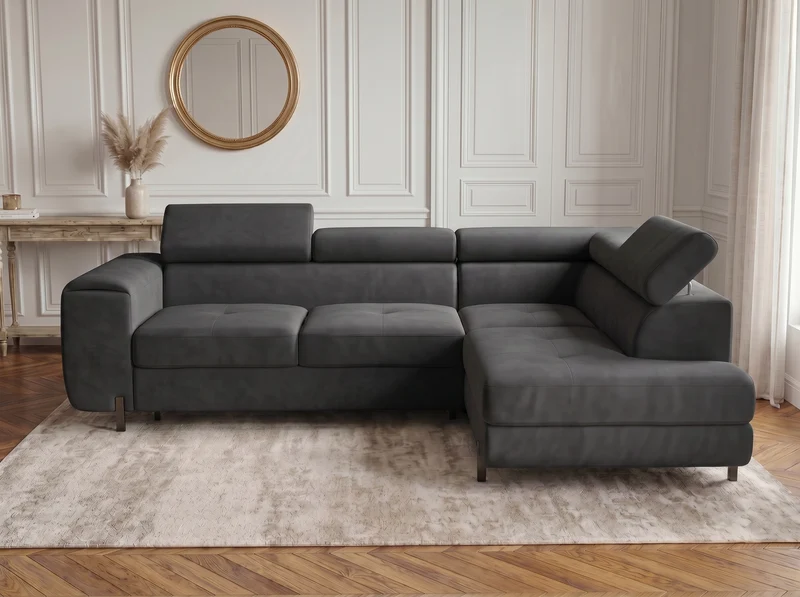 Canapé d’angle convertible Iéna – grande méridienne, coffre & têtières relevables