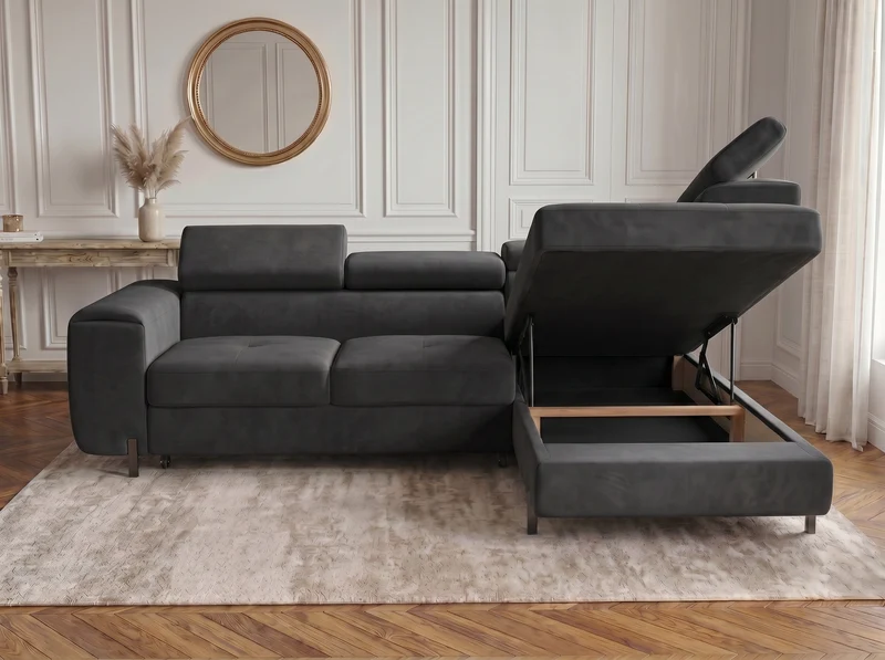 Canapé d’angle convertible Iéna – grande méridienne, coffre & têtières relevables