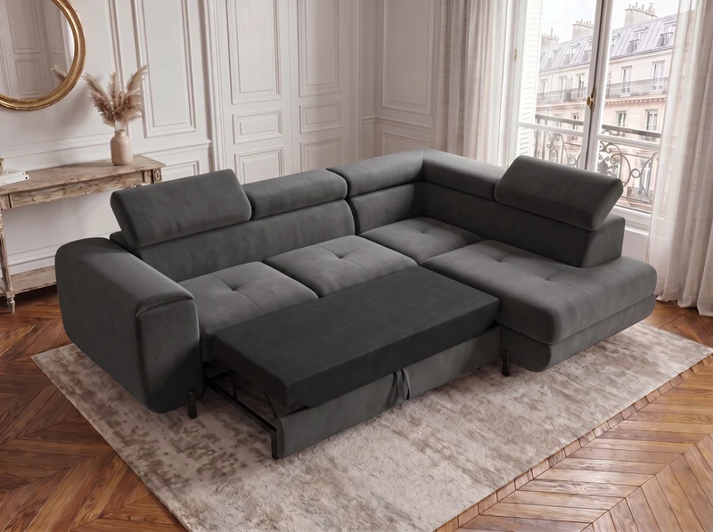 Canapé d’angle convertible Iéna – grande méridienne, coffre & têtières relevables