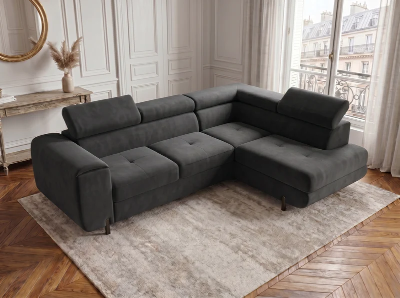 Canapé d’angle convertible Iéna – grande méridienne, coffre & têtières relevables