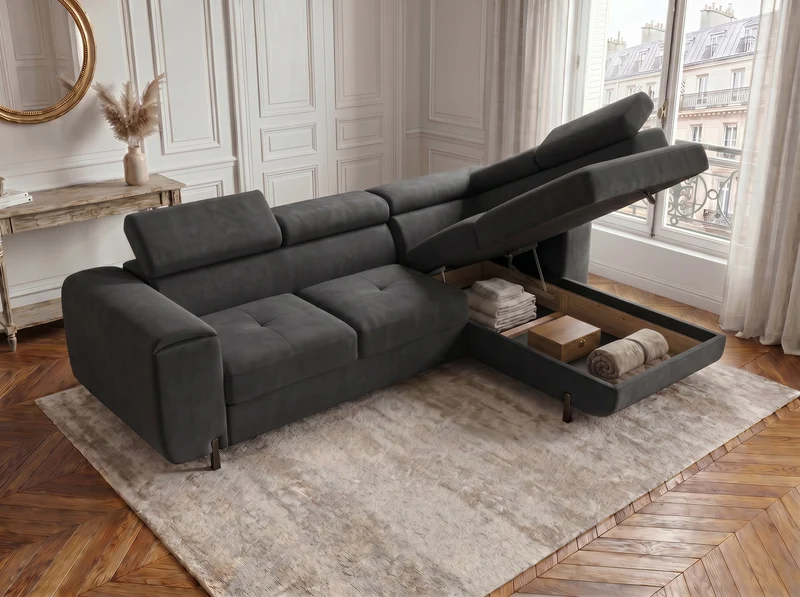 Canapé d’angle convertible Iéna – grande méridienne, coffre & têtières relevables