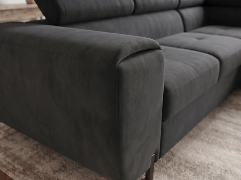 Canapé d’angle convertible Iéna – grande méridienne, coffre & têtières relevables