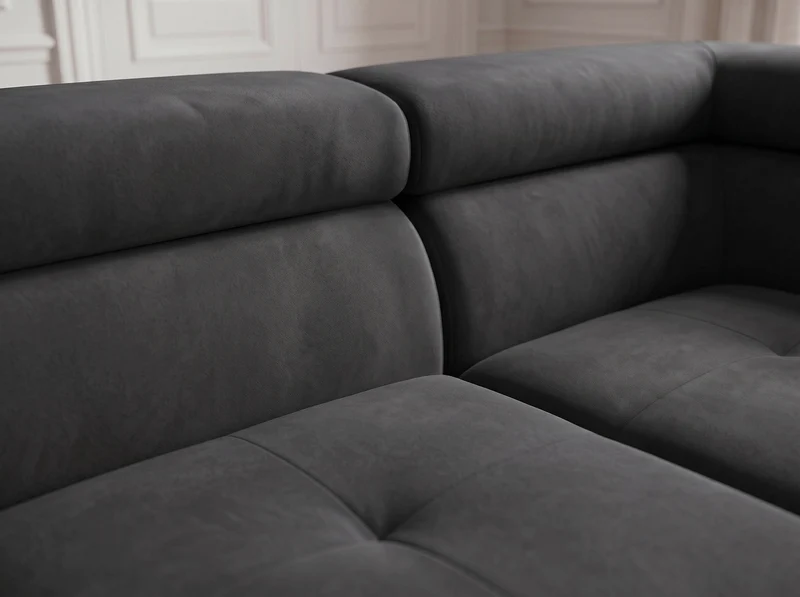Canapé d’angle convertible Iéna – grande méridienne, coffre & têtières relevables
