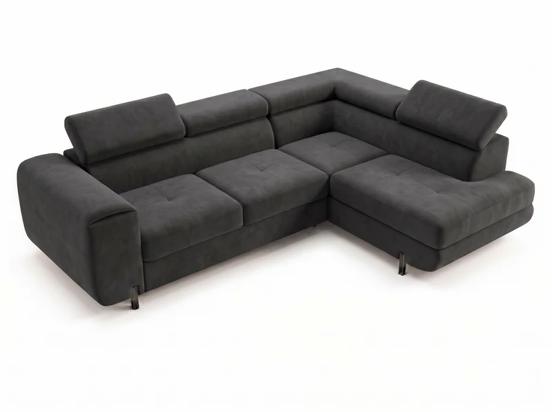 Canapé d’angle convertible Iéna – grande méridienne, coffre & têtières relevables