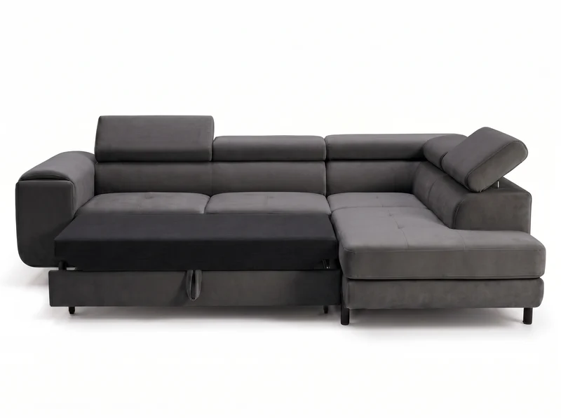 Canapé d’angle convertible Iéna – grande méridienne, coffre & têtières relevables
