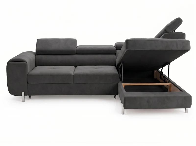 Canapé d’angle convertible Iéna – grande méridienne, coffre & têtières relevables