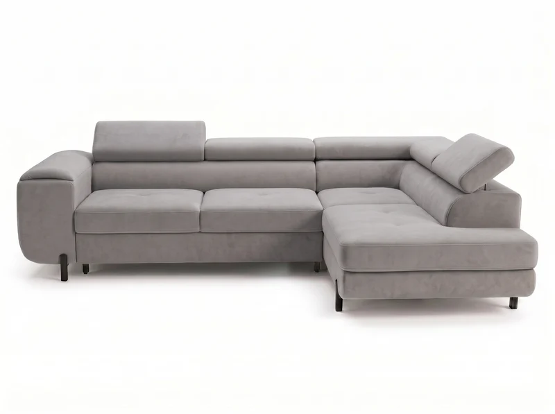 Canapé d’angle convertible Iéna – grande méridienne, coffre & têtières relevables