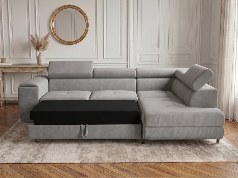 Canapé d’angle convertible Iéna – grande méridienne, coffre & têtières relevables
