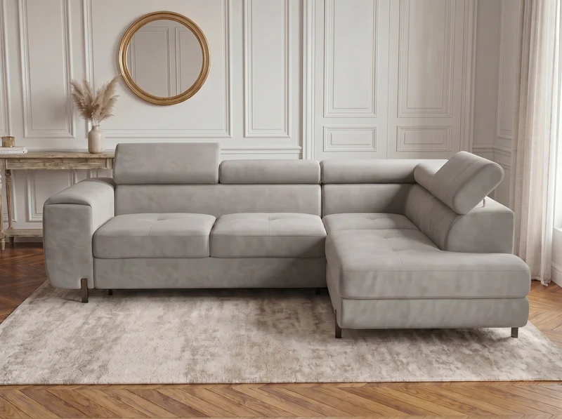 Canapé d’angle convertible Iéna – grande méridienne, coffre & têtières relevables
