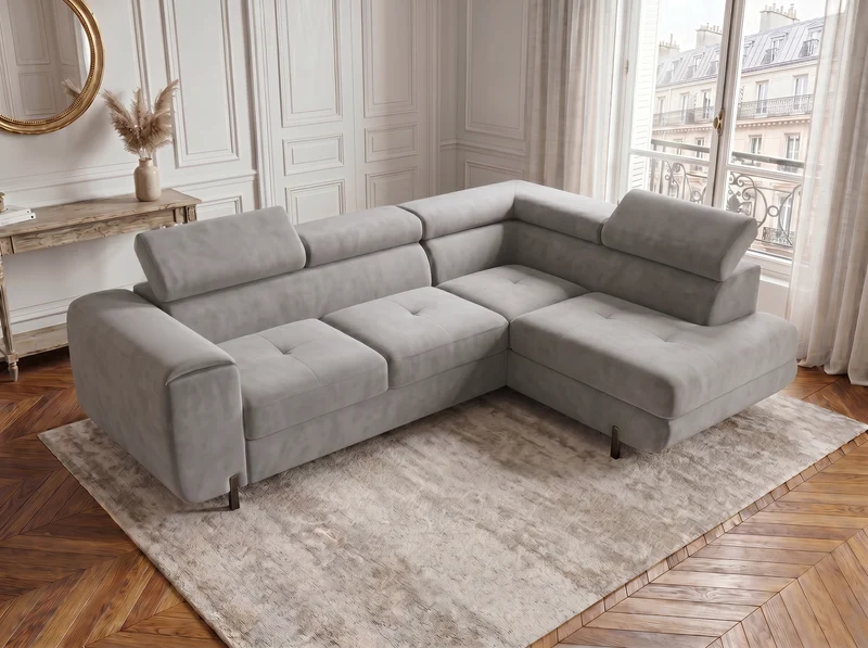 Canapé d’angle convertible Iéna – grande méridienne, coffre & têtières relevables