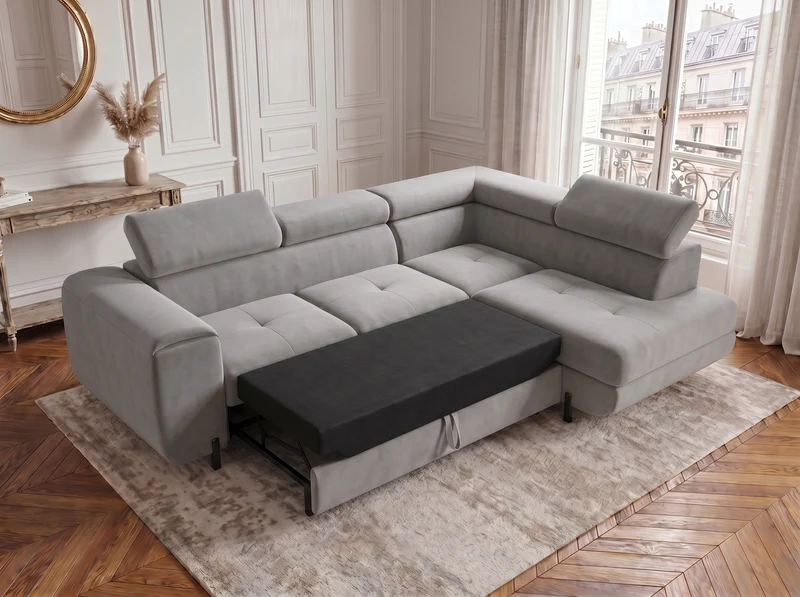 Canapé d’angle convertible Iéna – grande méridienne, coffre & têtières relevables