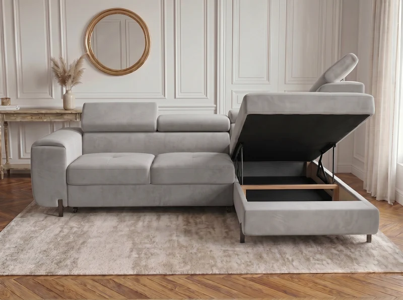 Canapé d’angle convertible Iéna – grande méridienne, coffre & têtières relevables