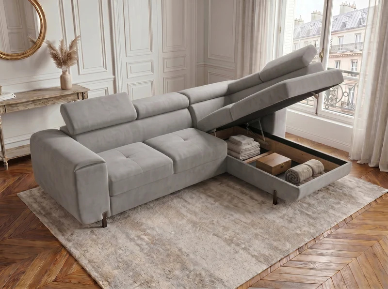 Canapé d’angle convertible Iéna – grande méridienne, coffre & têtières relevables