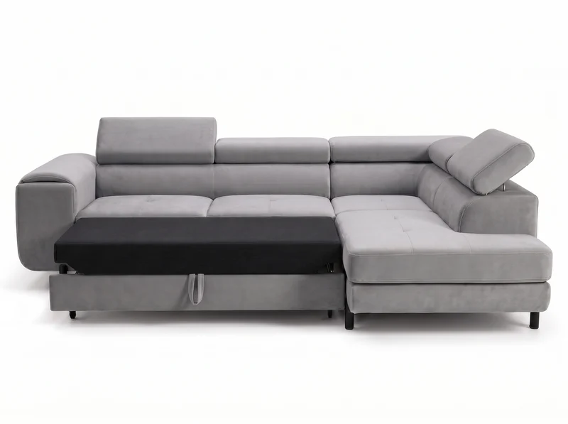 Canapé d’angle convertible Iéna – grande méridienne, coffre & têtières relevables