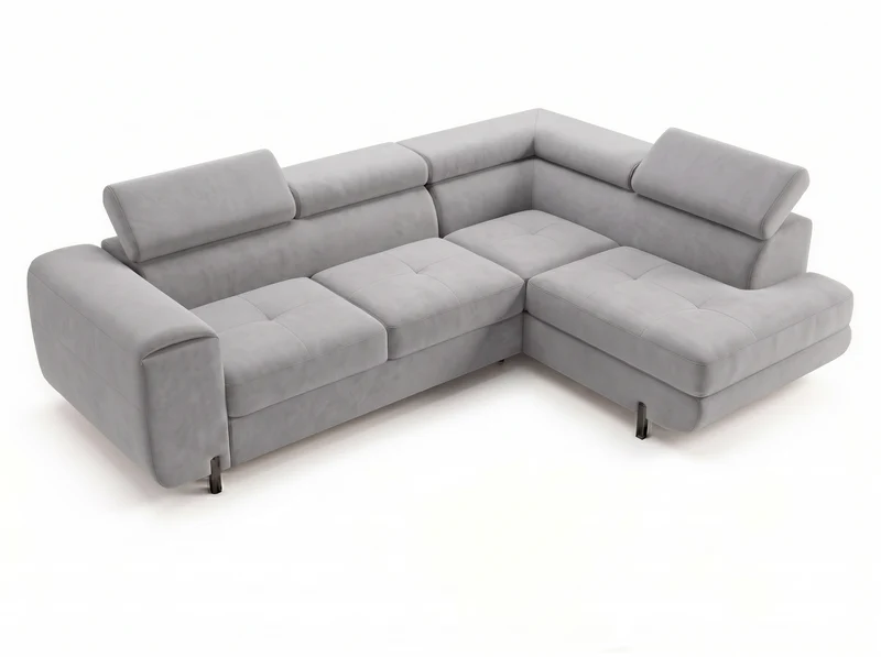 Canapé d’angle convertible Iéna – grande méridienne, coffre & têtières relevables