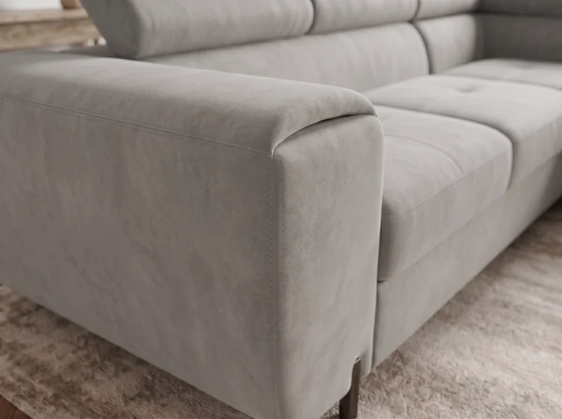 Canapé d’angle convertible Iéna – grande méridienne, coffre & têtières relevables