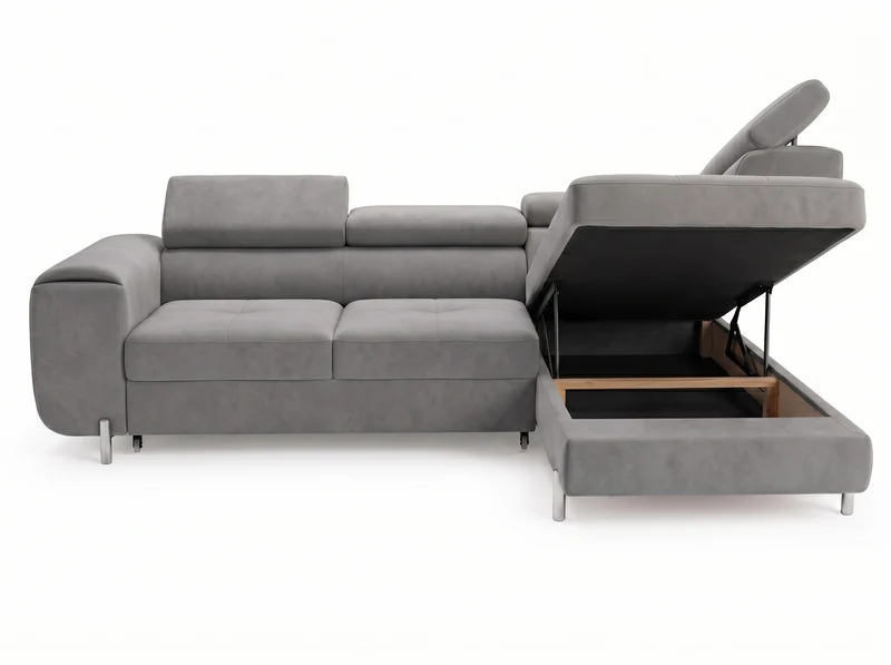Canapé d’angle convertible Iéna – grande méridienne, coffre & têtières relevables