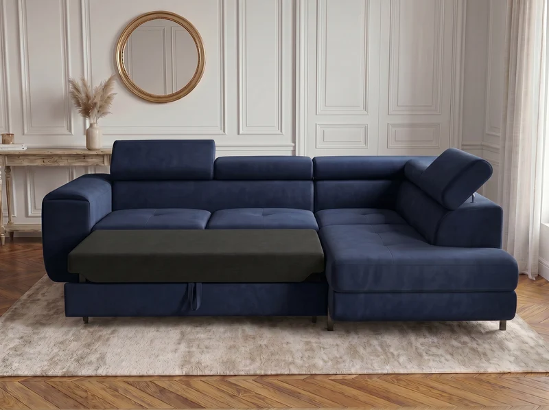 Canapé d’angle convertible Iéna – grande méridienne, coffre & têtières relevables