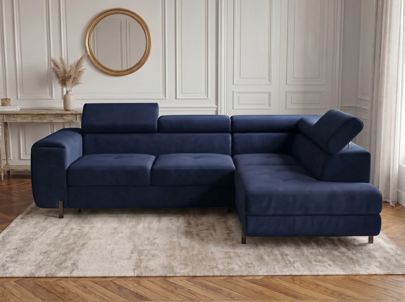Canapé d’angle convertible Iéna – grande méridienne, coffre & têtières relevables
