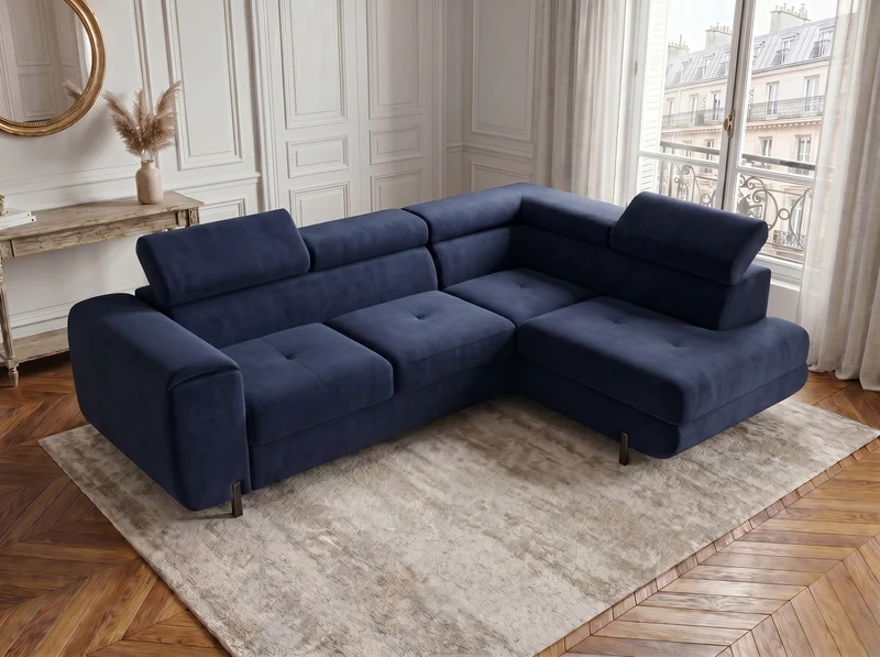 Canapé d’angle convertible Iéna – grande méridienne, coffre & têtières relevables