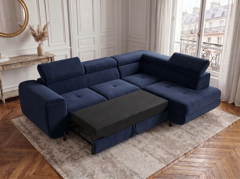 Canapé d’angle convertible Iéna – grande méridienne, coffre & têtières relevables