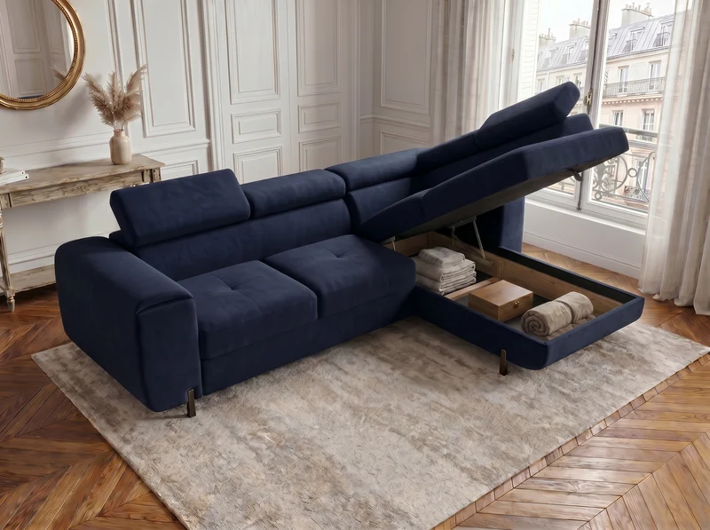 Canapé d’angle convertible Iéna – grande méridienne, coffre & têtières relevables