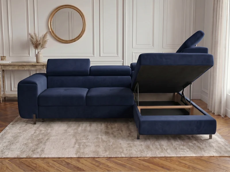 Canapé d’angle convertible Iéna – grande méridienne, coffre & têtières relevables