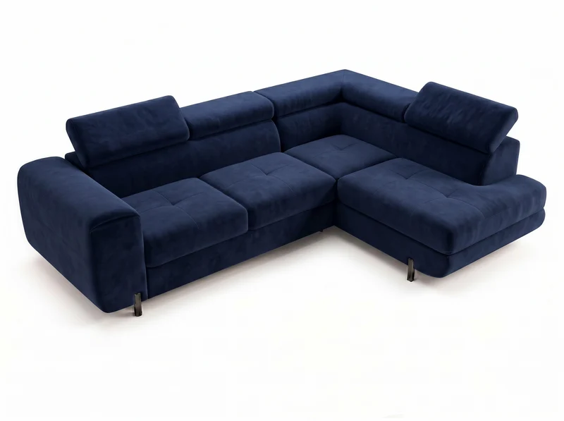 Canapé d’angle convertible Iéna – grande méridienne, coffre & têtières relevables
