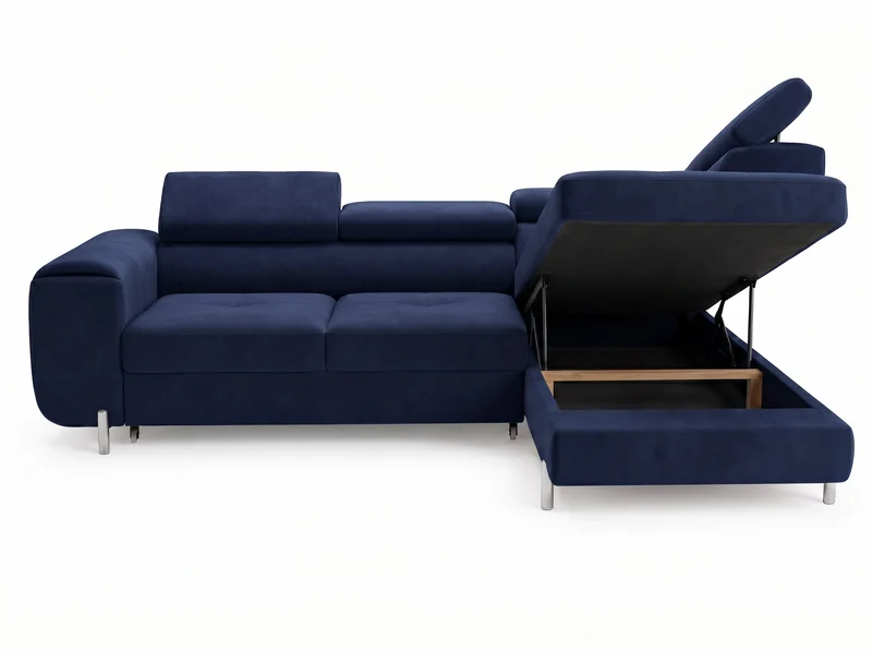 Canapé d’angle convertible Iéna – grande méridienne, coffre & têtières relevables
