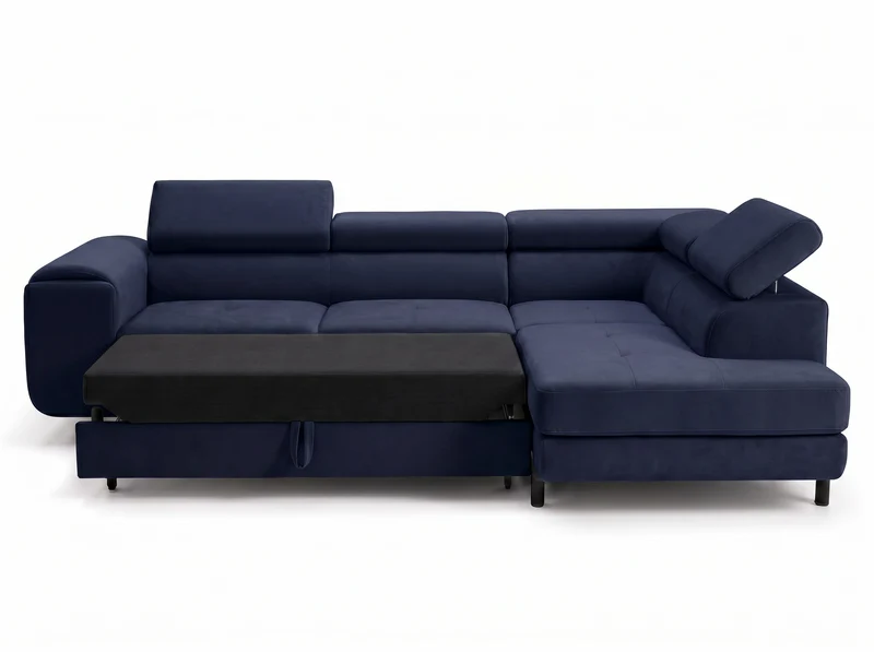 Canapé d’angle convertible Iéna – grande méridienne, coffre & têtières relevables