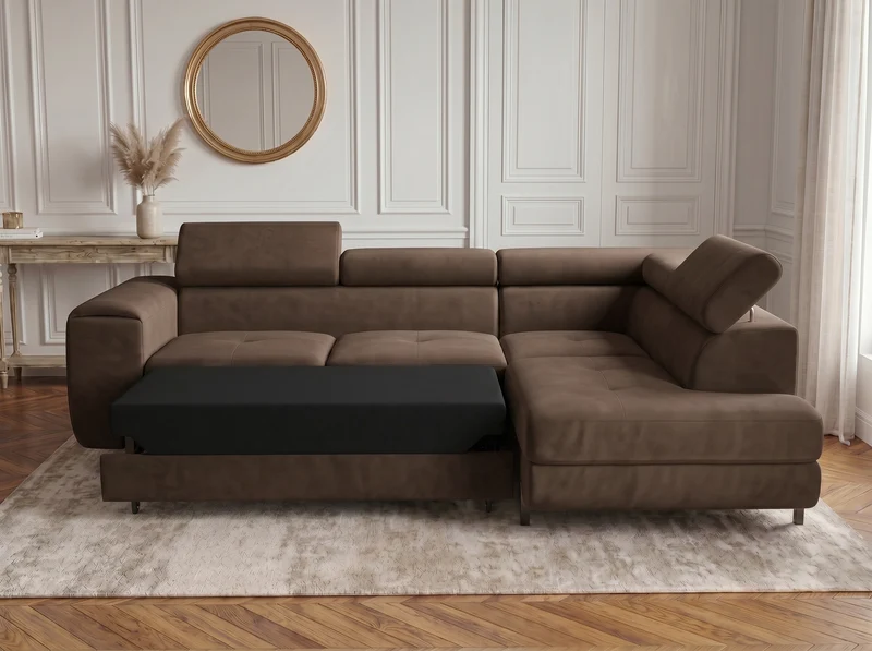 Canapé d’angle convertible Iéna – grande méridienne, coffre & têtières relevables