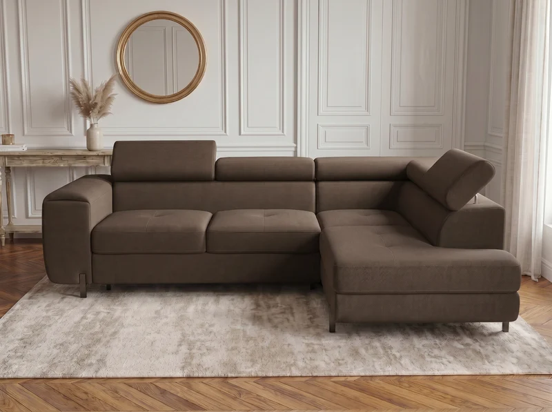 Canapé d’angle convertible Iéna – grande méridienne, coffre & têtières relevables