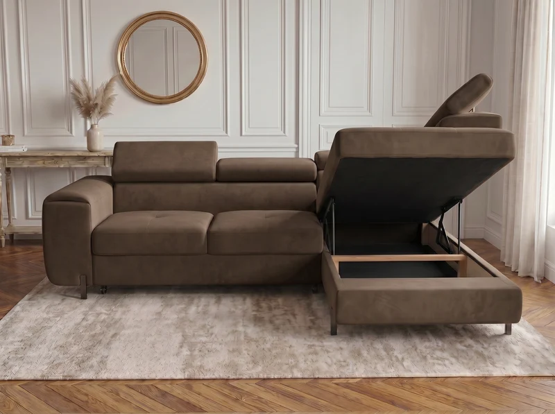 Canapé d’angle convertible Iéna – grande méridienne, coffre & têtières relevables