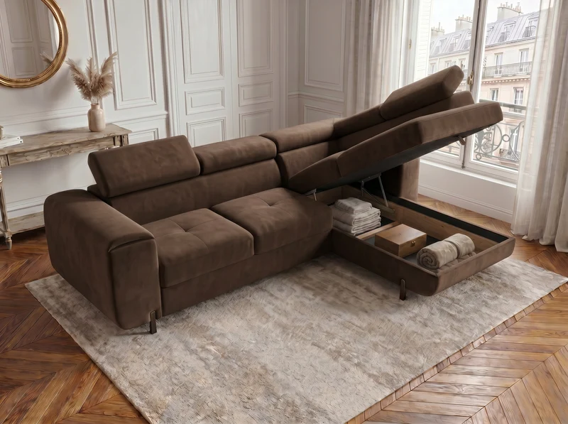 Canapé d’angle convertible Iéna – grande méridienne, coffre & têtières relevables