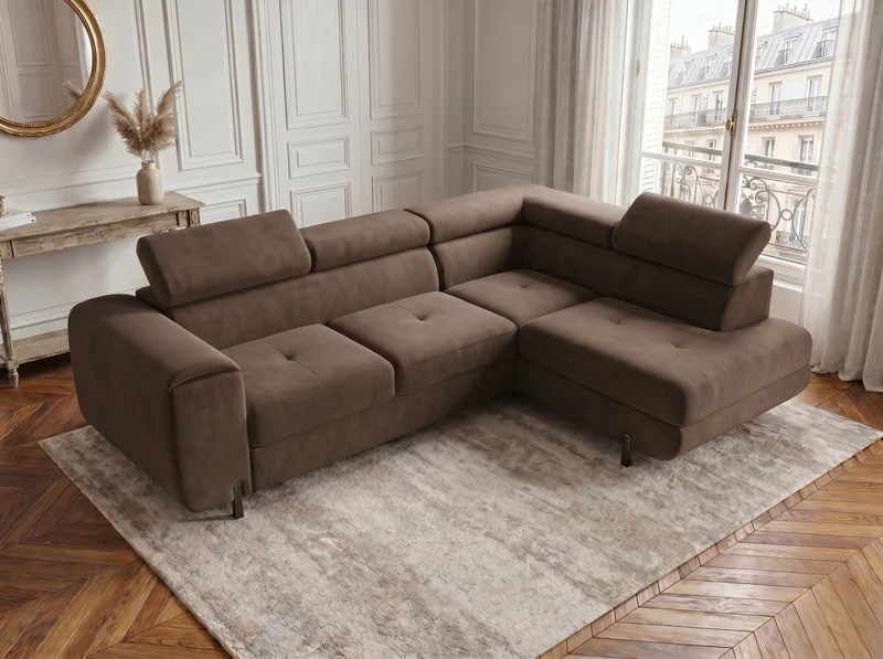 Canapé d’angle convertible Iéna – grande méridienne, coffre & têtières relevables