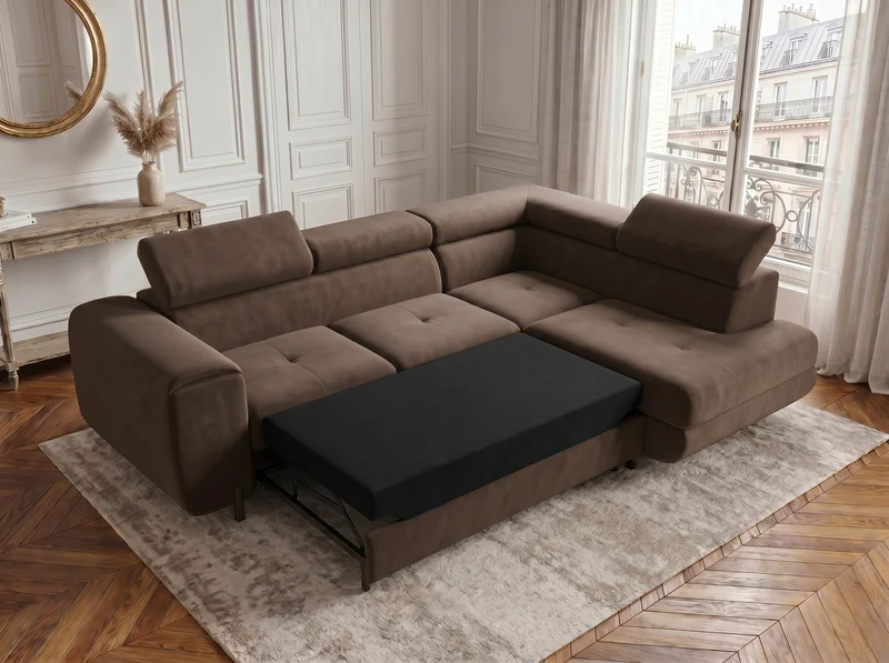 Canapé d’angle convertible Iéna – grande méridienne, coffre & têtières relevables