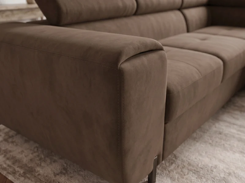 Canapé d’angle convertible Iéna – grande méridienne, coffre & têtières relevables