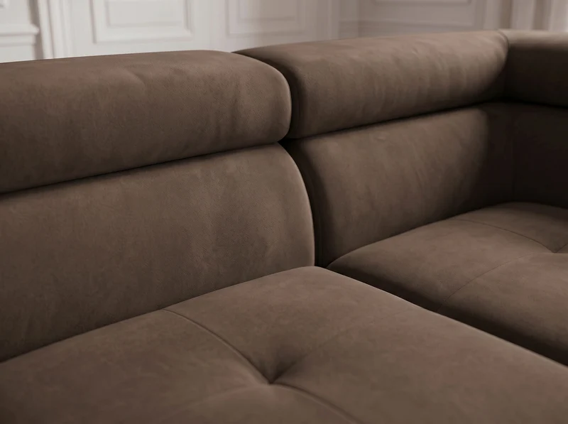 Canapé d’angle convertible Iéna – grande méridienne, coffre & têtières relevables
