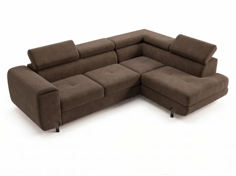 Canapé d’angle convertible Iéna – grande méridienne, coffre & têtières relevables